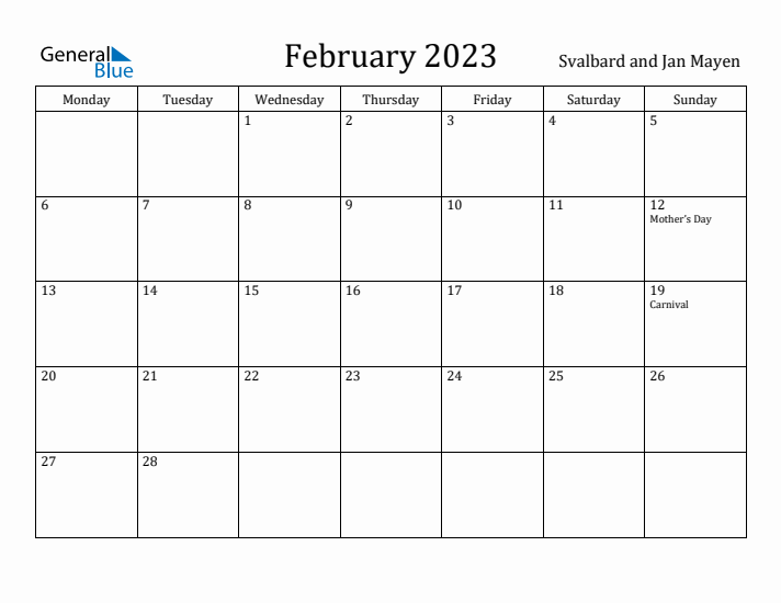 February 2023 Calendar Svalbard and Jan Mayen