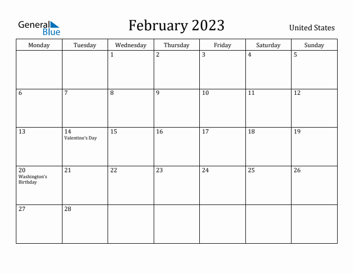 February 2023 Calendar United States