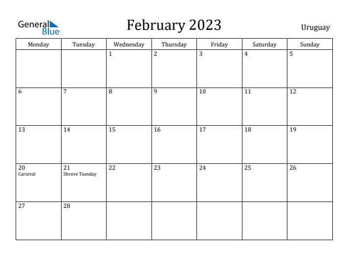 February 2023 Calendar Uruguay