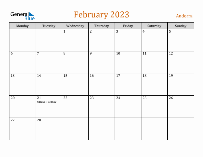 February 2023 Holiday Calendar with Monday Start