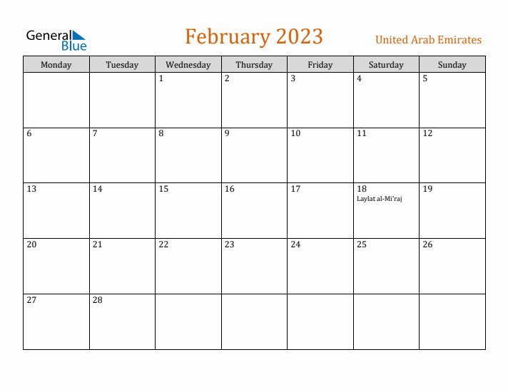 February 2023 Holiday Calendar with Monday Start