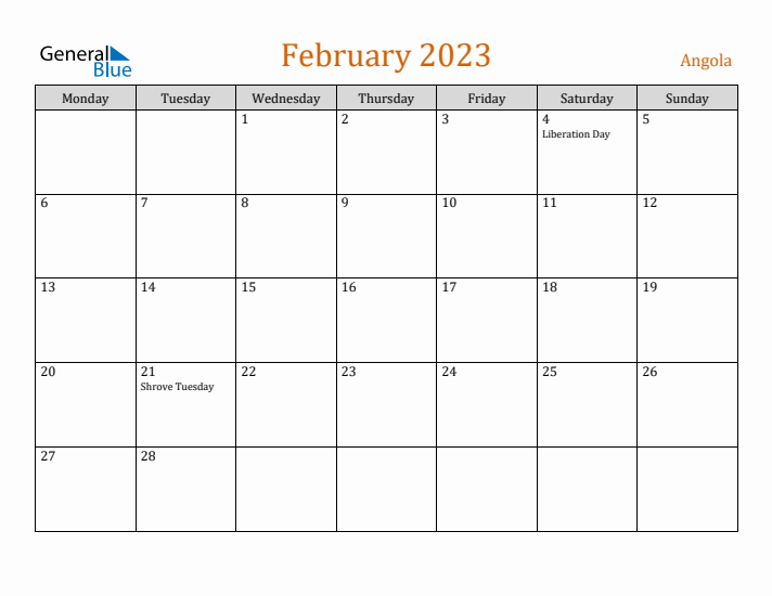 February 2023 Holiday Calendar with Monday Start