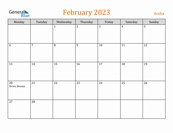 February 2023 Holiday Calendar with Monday Start