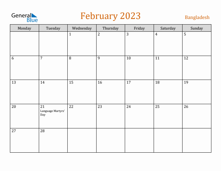 February 2023 Holiday Calendar with Monday Start