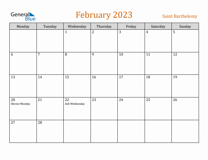 February 2023 Holiday Calendar with Monday Start