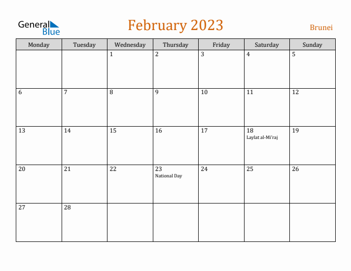 February 2023 Holiday Calendar with Monday Start