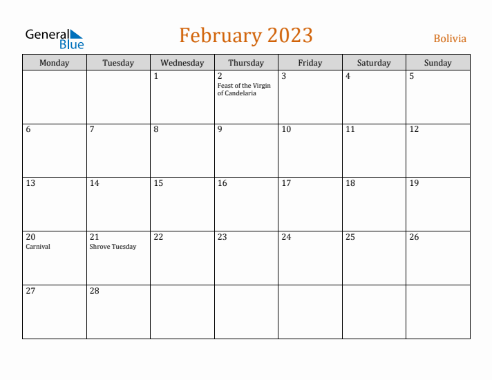 February 2023 Holiday Calendar with Monday Start