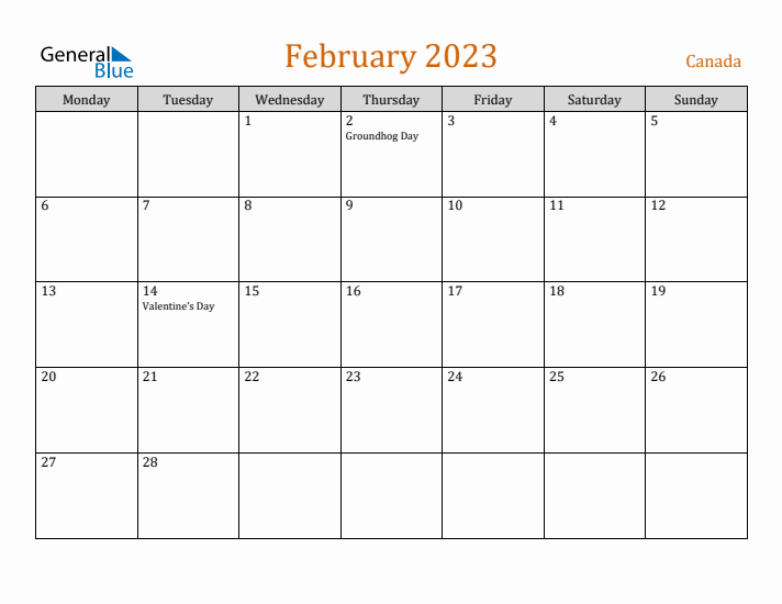 February 2023 Holiday Calendar with Monday Start