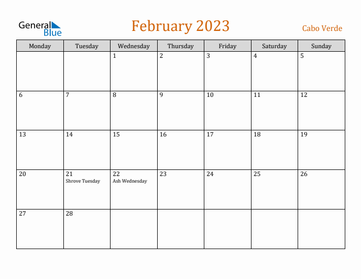 February 2023 Holiday Calendar with Monday Start