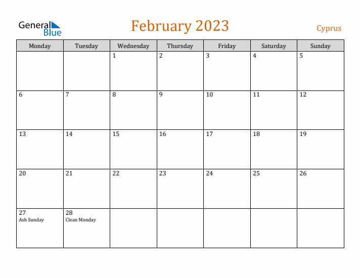 February 2023 Holiday Calendar with Monday Start