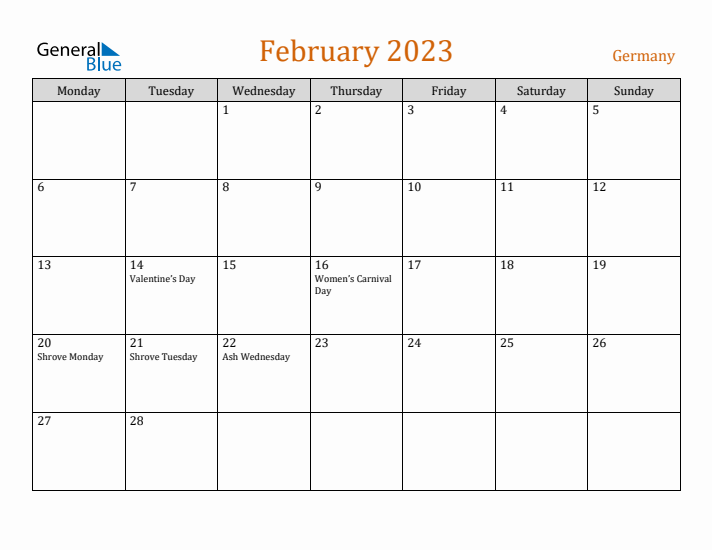 February 2023 Holiday Calendar with Monday Start