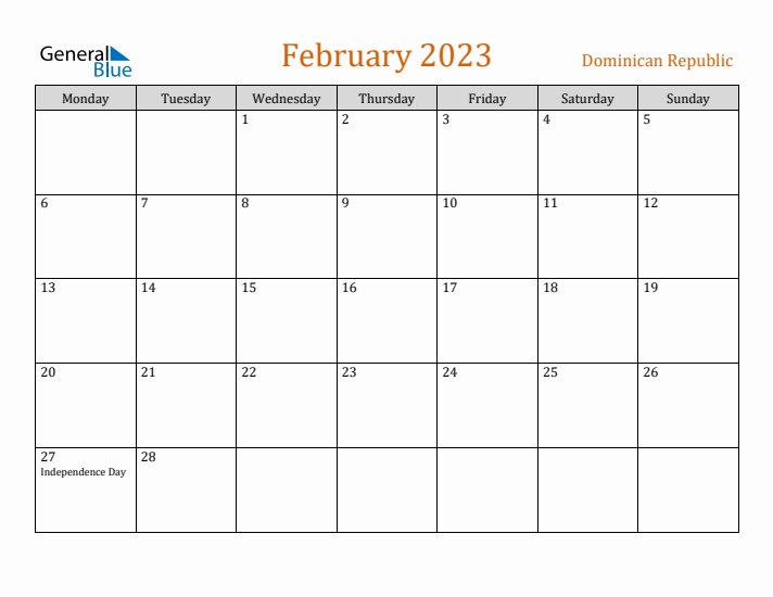 February 2023 Holiday Calendar with Monday Start