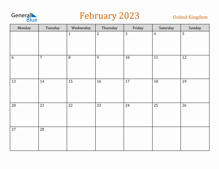 February 2023 Holiday Calendar with Monday Start