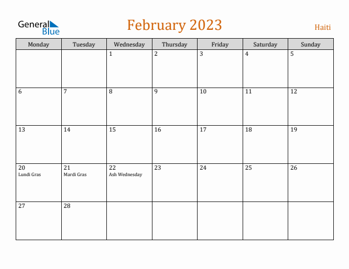 February 2023 Holiday Calendar with Monday Start