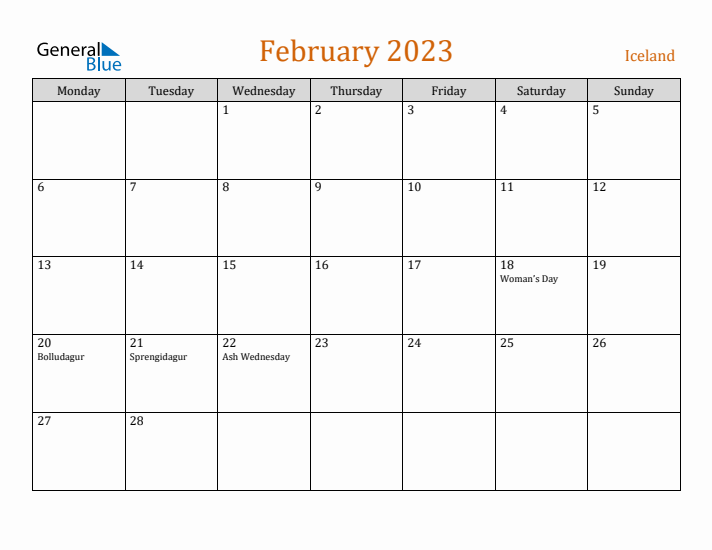 February 2023 Holiday Calendar with Monday Start