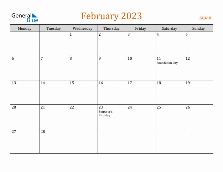 February 2023 Holiday Calendar with Monday Start