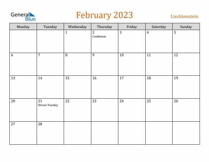 February 2023 Holiday Calendar with Monday Start