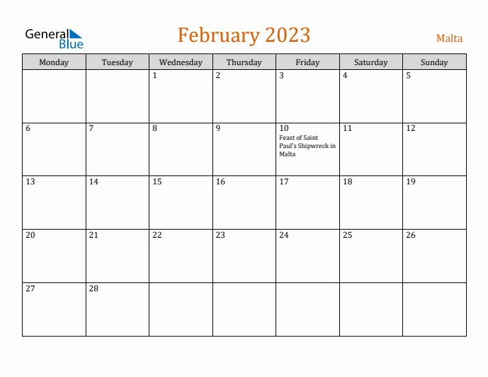 February 2023 Holiday Calendar with Monday Start