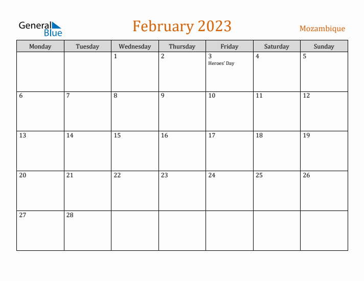 February 2023 Holiday Calendar with Monday Start