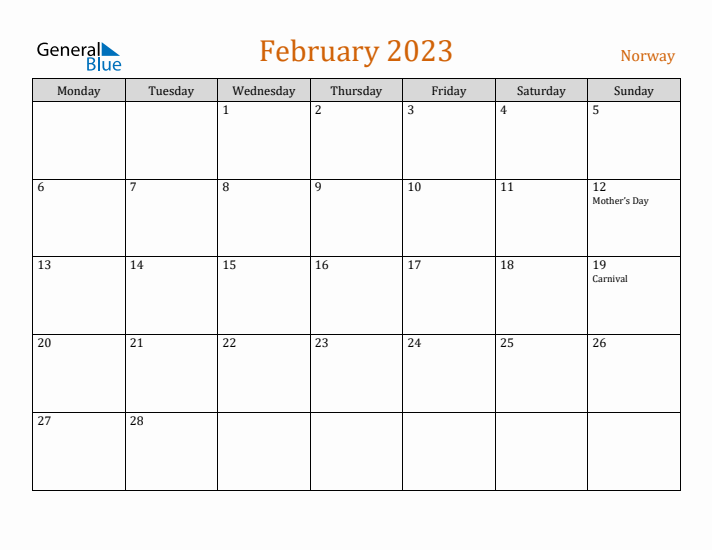 February 2023 Holiday Calendar with Monday Start