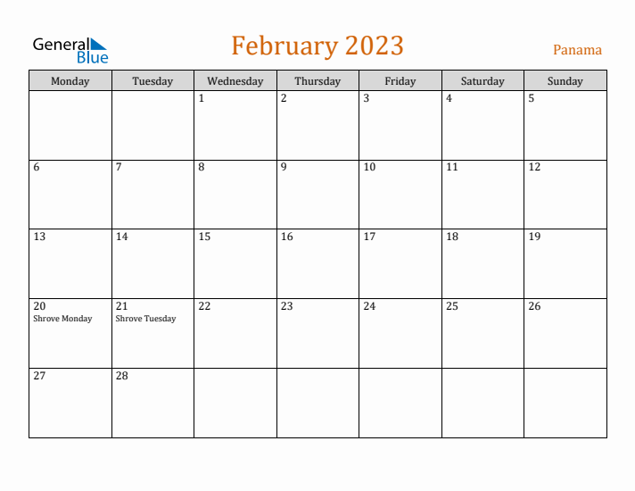 February 2023 Holiday Calendar with Monday Start