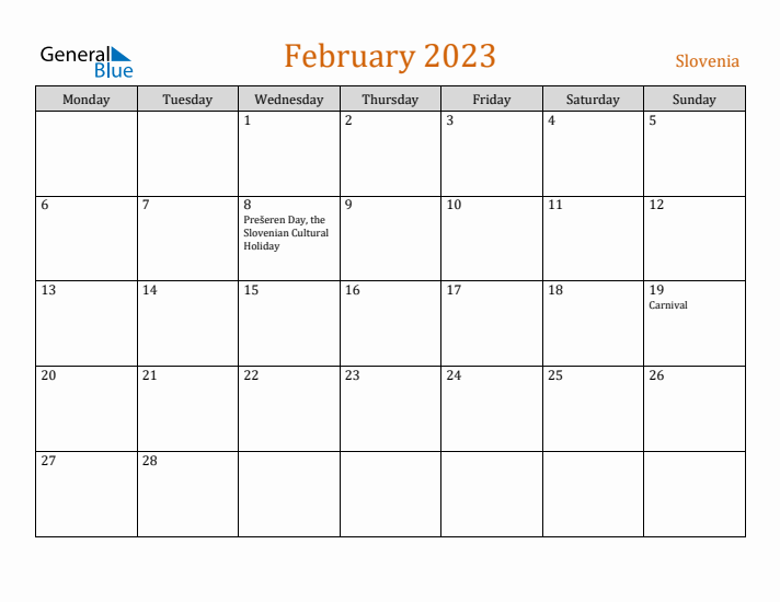 February 2023 Holiday Calendar with Monday Start