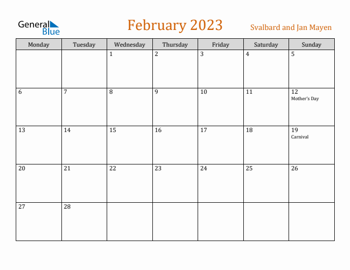 February 2023 Holiday Calendar with Monday Start