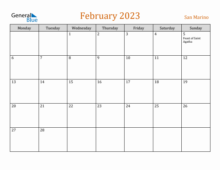 February 2023 Holiday Calendar with Monday Start