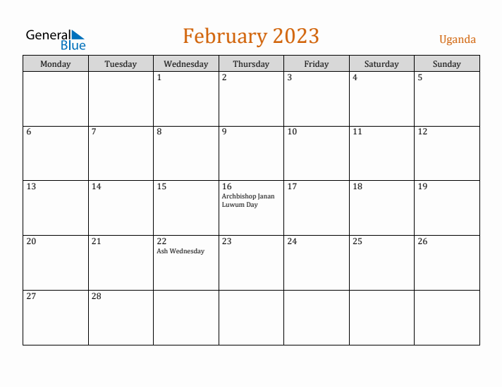 February 2023 Holiday Calendar with Monday Start