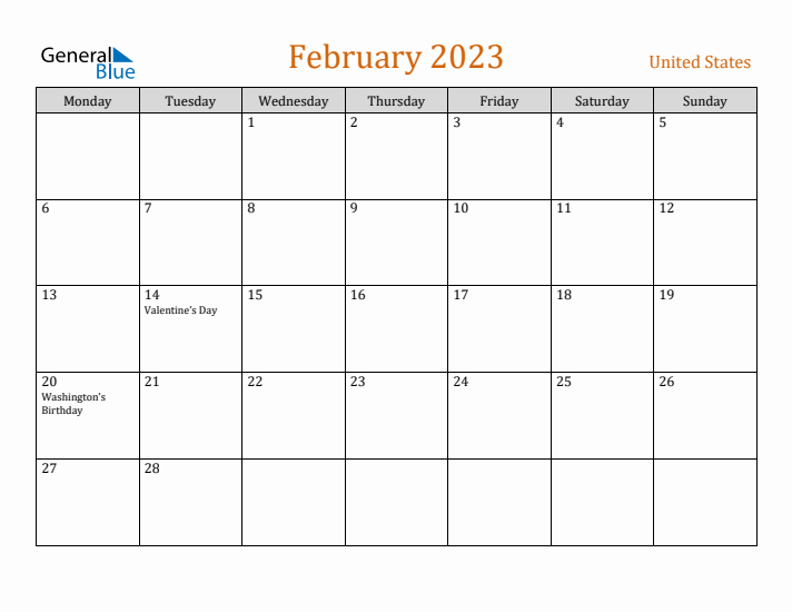 February 2023 Holiday Calendar with Monday Start