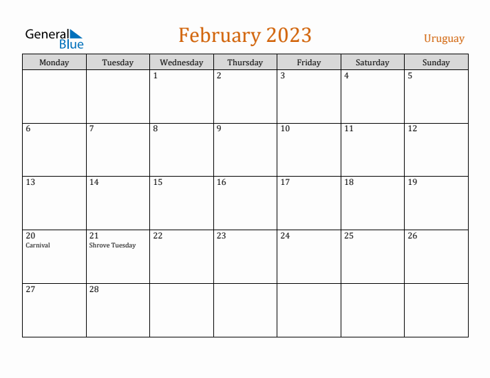 February 2023 Holiday Calendar with Monday Start