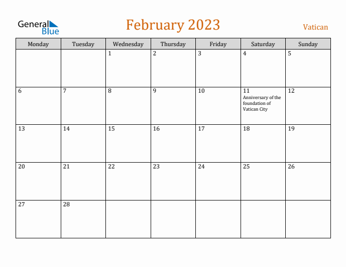 February 2023 Holiday Calendar with Monday Start