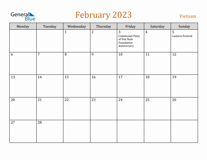 February 2023 Holiday Calendar with Monday Start