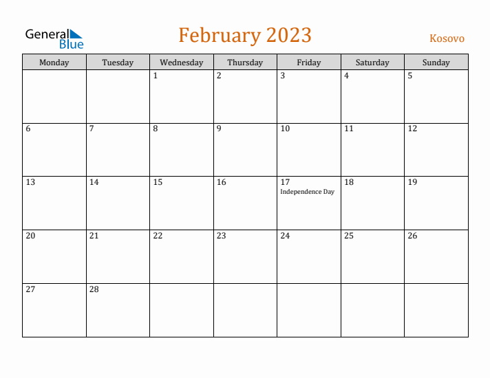 February 2023 Holiday Calendar with Monday Start