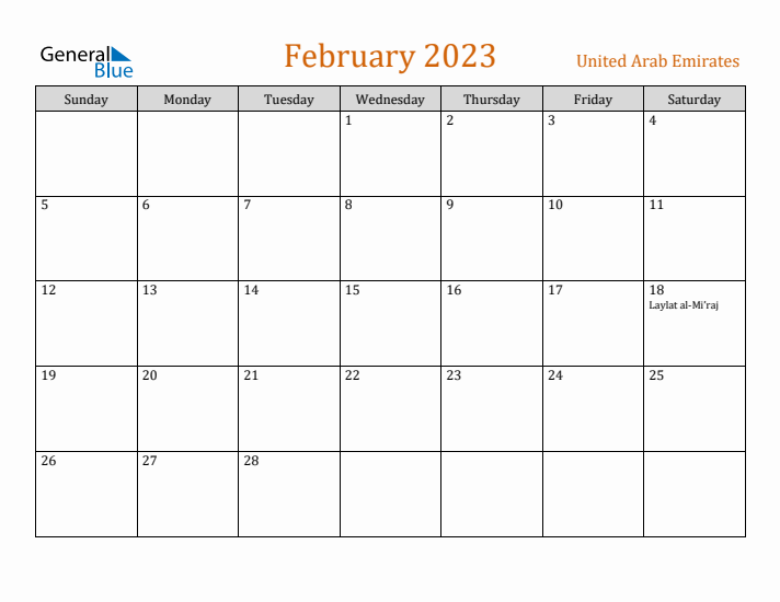 February 2023 Holiday Calendar with Sunday Start