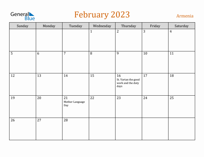 February 2023 Holiday Calendar with Sunday Start