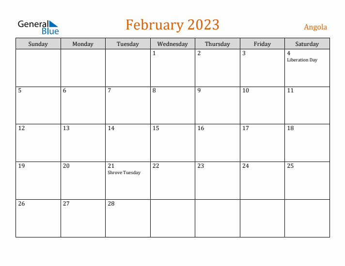 February 2023 Holiday Calendar with Sunday Start