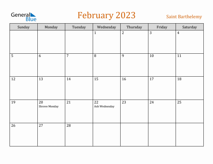 February 2023 Holiday Calendar with Sunday Start