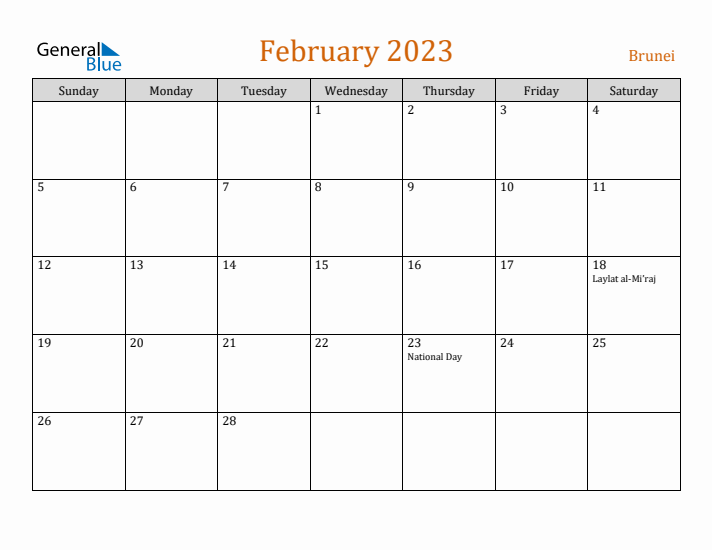 February 2023 Holiday Calendar with Sunday Start