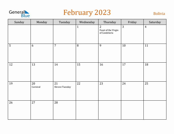 February 2023 Holiday Calendar with Sunday Start