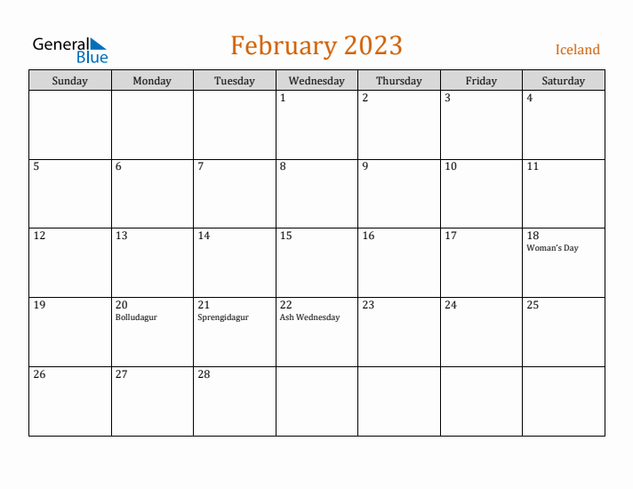 February 2023 Holiday Calendar with Sunday Start