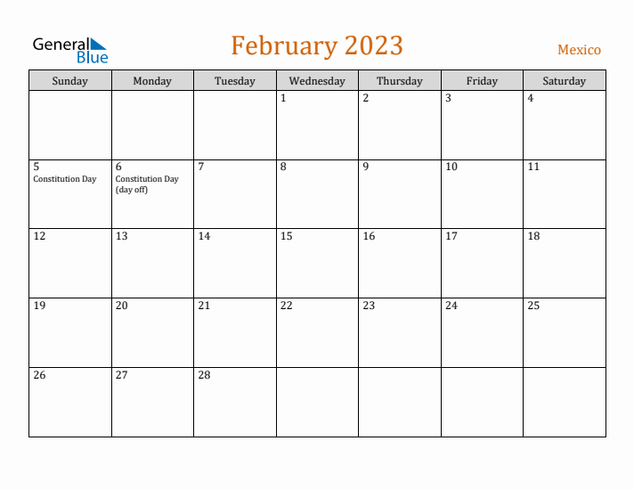 February 2023 Holiday Calendar with Sunday Start