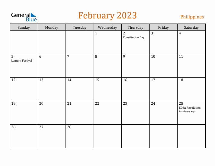 February 2023 Holiday Calendar with Sunday Start