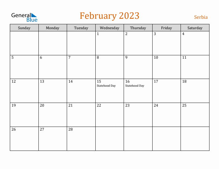 February 2023 Holiday Calendar with Sunday Start