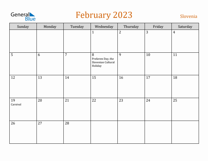 February 2023 Holiday Calendar with Sunday Start