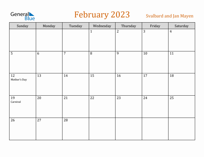 February 2023 Holiday Calendar with Sunday Start