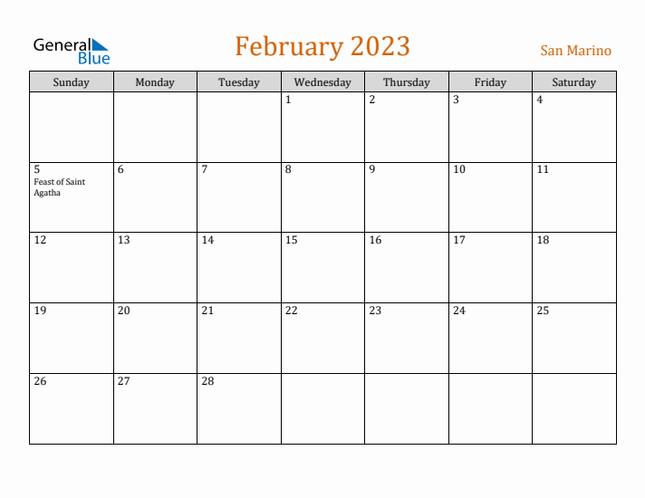 February 2023 Holiday Calendar with Sunday Start