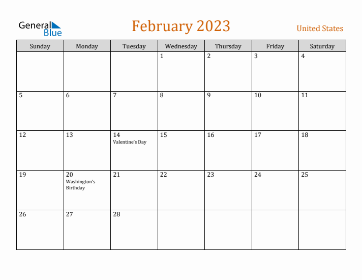 February 2023 Holiday Calendar with Sunday Start