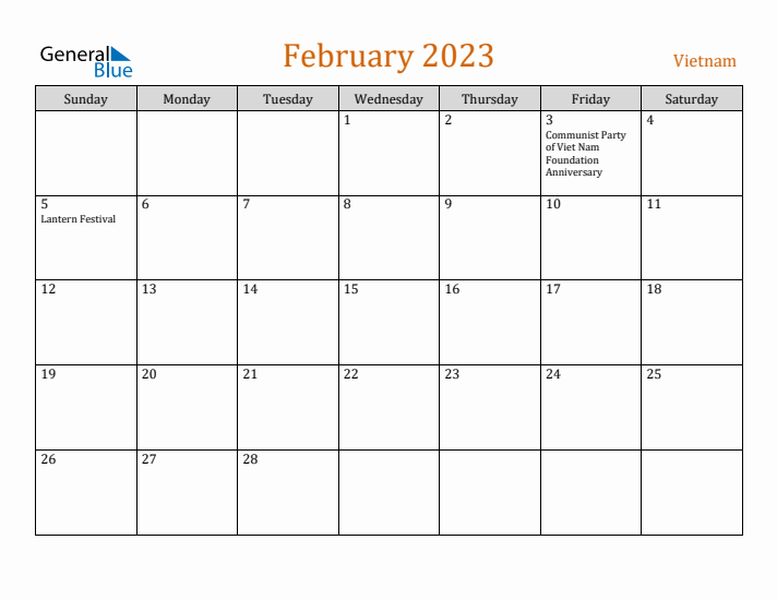 February 2023 Holiday Calendar with Sunday Start