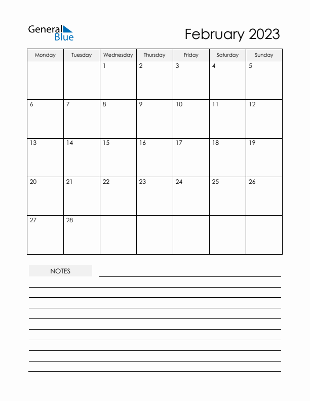 Printable Calendar with Notes - February 2023 